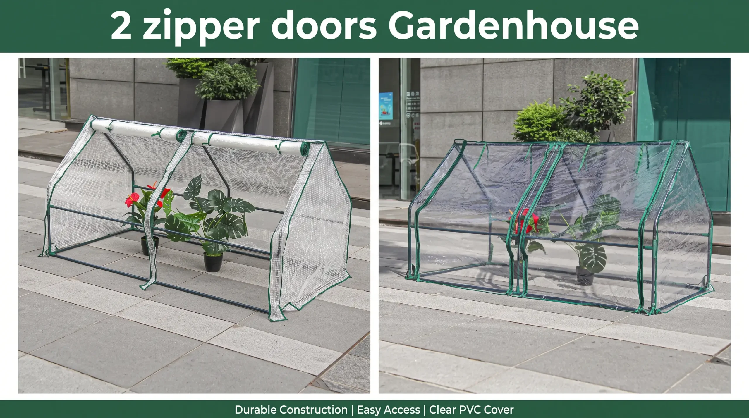 2 zipper doors gardenhouse with PE mesh and clear PVC cover options