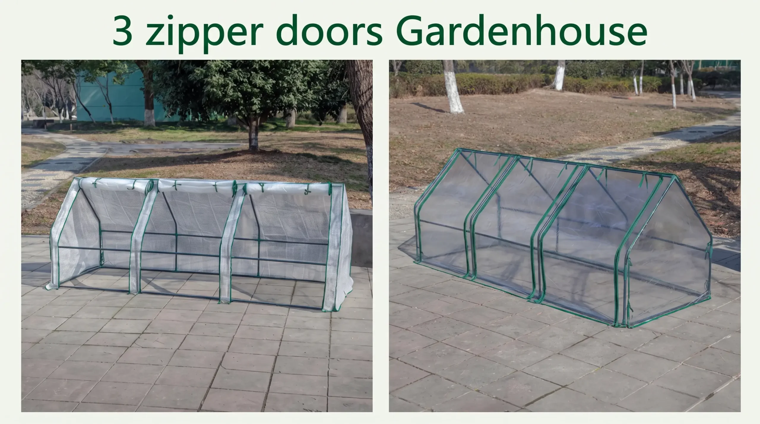 3 zipper doors gardenhouse with PE and clear PVC cover options