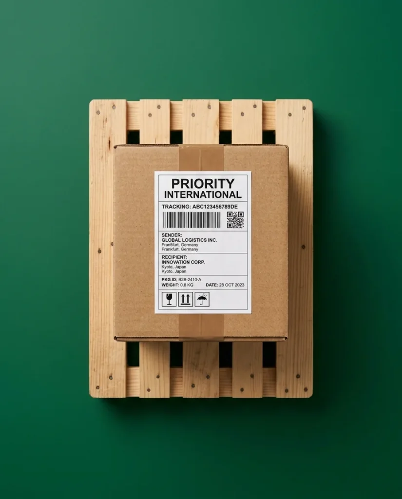 A sturdy brown kraft cardboard cargo box with international shipping labels sitting on a miniature wooden pallet for bulk logistics.