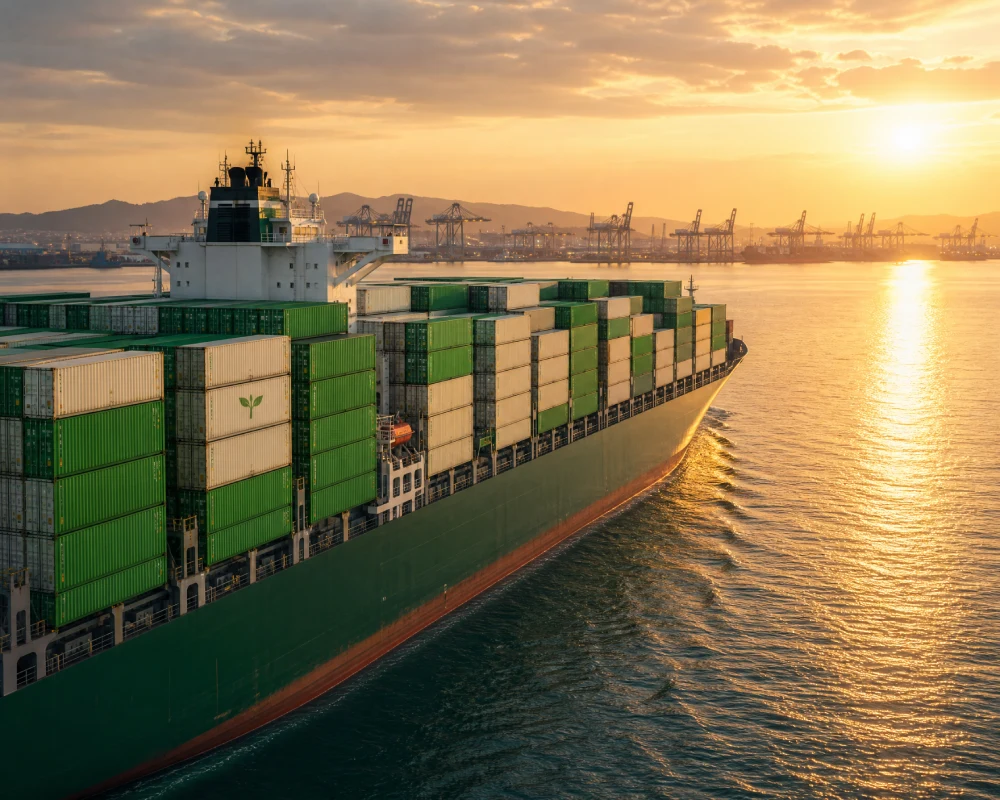 An ocean container cargo ship transporting bulk agricultural and forestry supplies at sunset for global delivery.