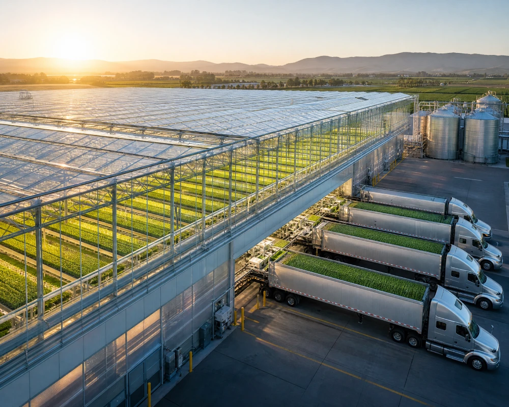 A massive modern commercial glass greenhouse facility with factory-direct loading trucks for agricultural wholesale.