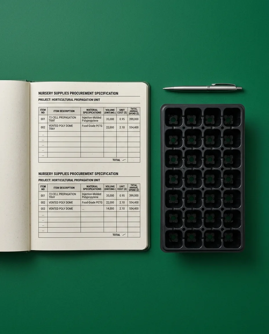 An open procurement specification notebook with a black plastic nursery propagation tray sample and a steel pen for bulk order adjustment.