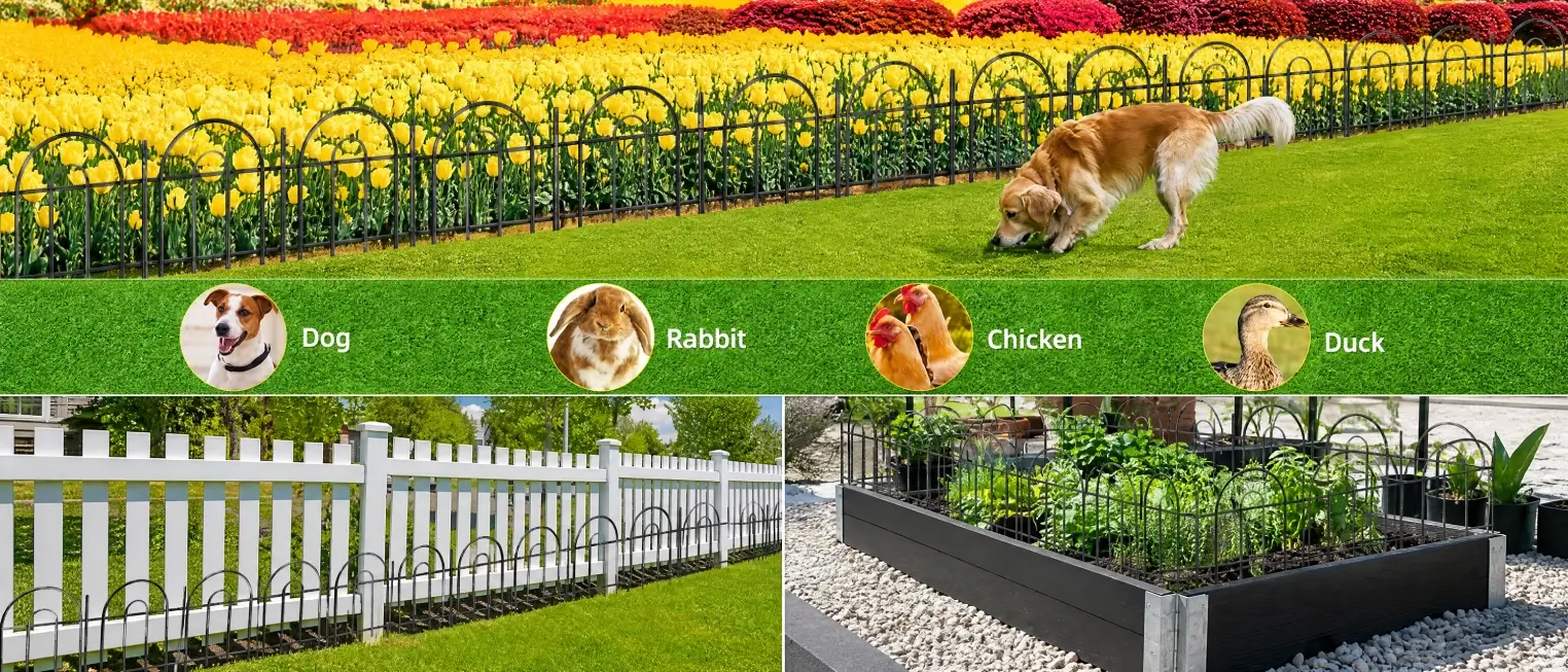 Decorative arch top metal garden fence panels no dig animal barrier Scenario