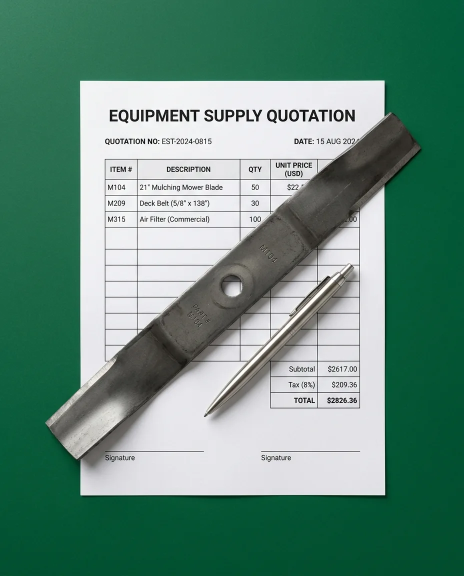 A clean white paper factory quotation manifest with organized price tables and a heavy-duty metallic lawn mower replacement blade.