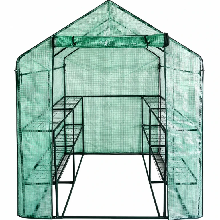 Garden portable walk in greenhouse with 2 tier shelves and green PE cover wholesale