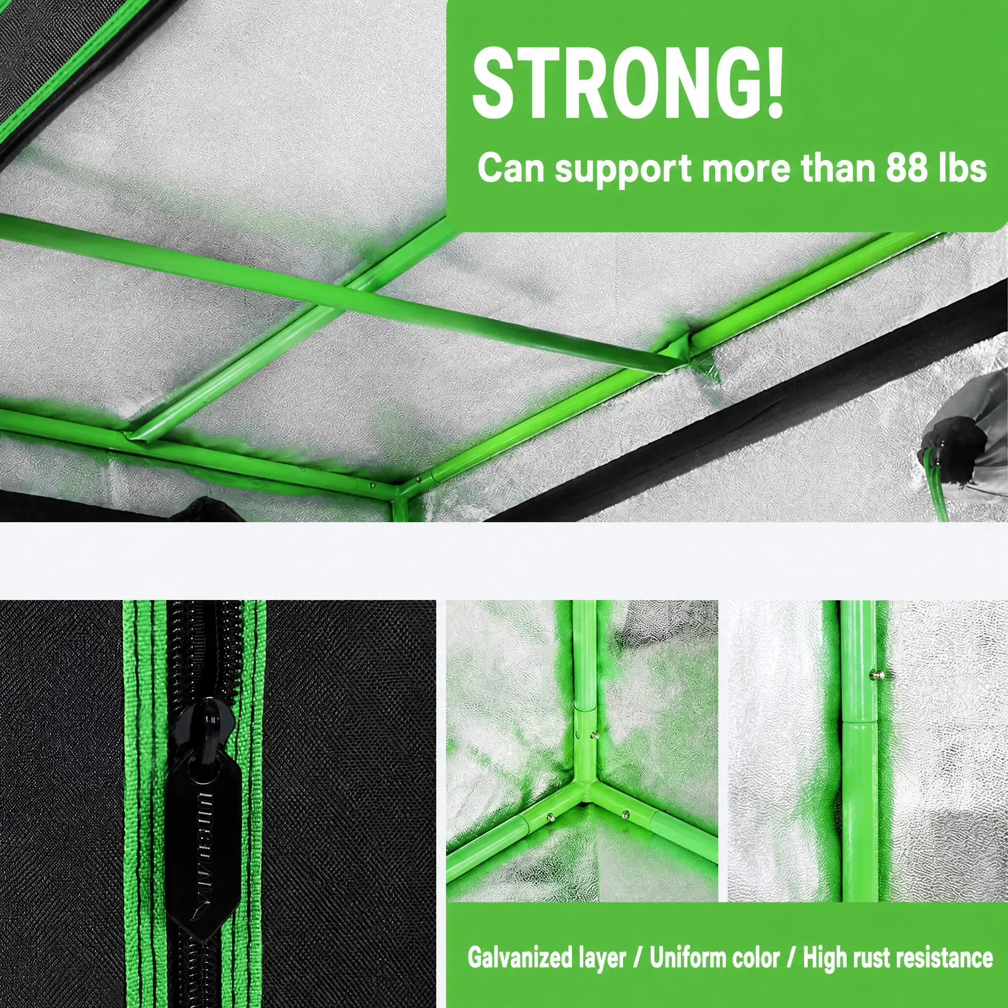 Strong metal frame supporting over 88 lbs and heavy-duty zipper details of hydroponic grow tent