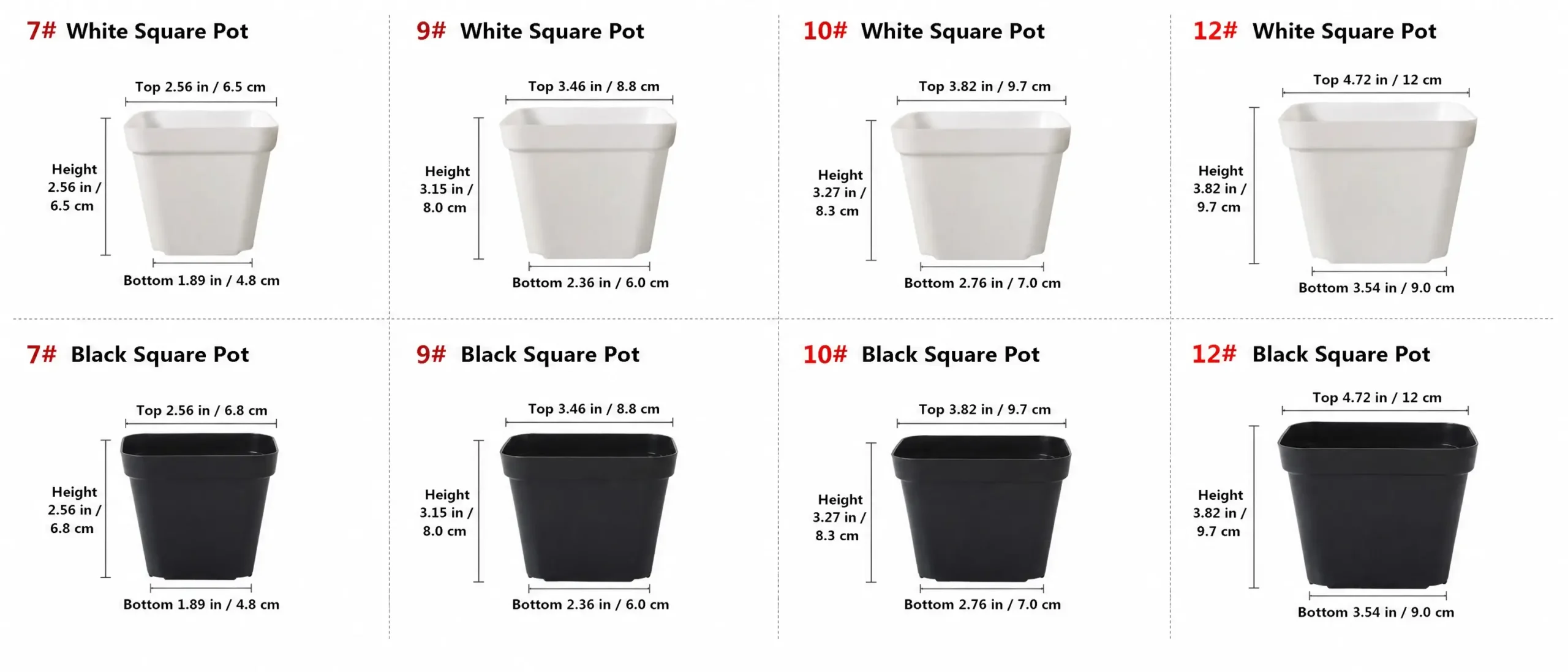 plastic square nursery pots size