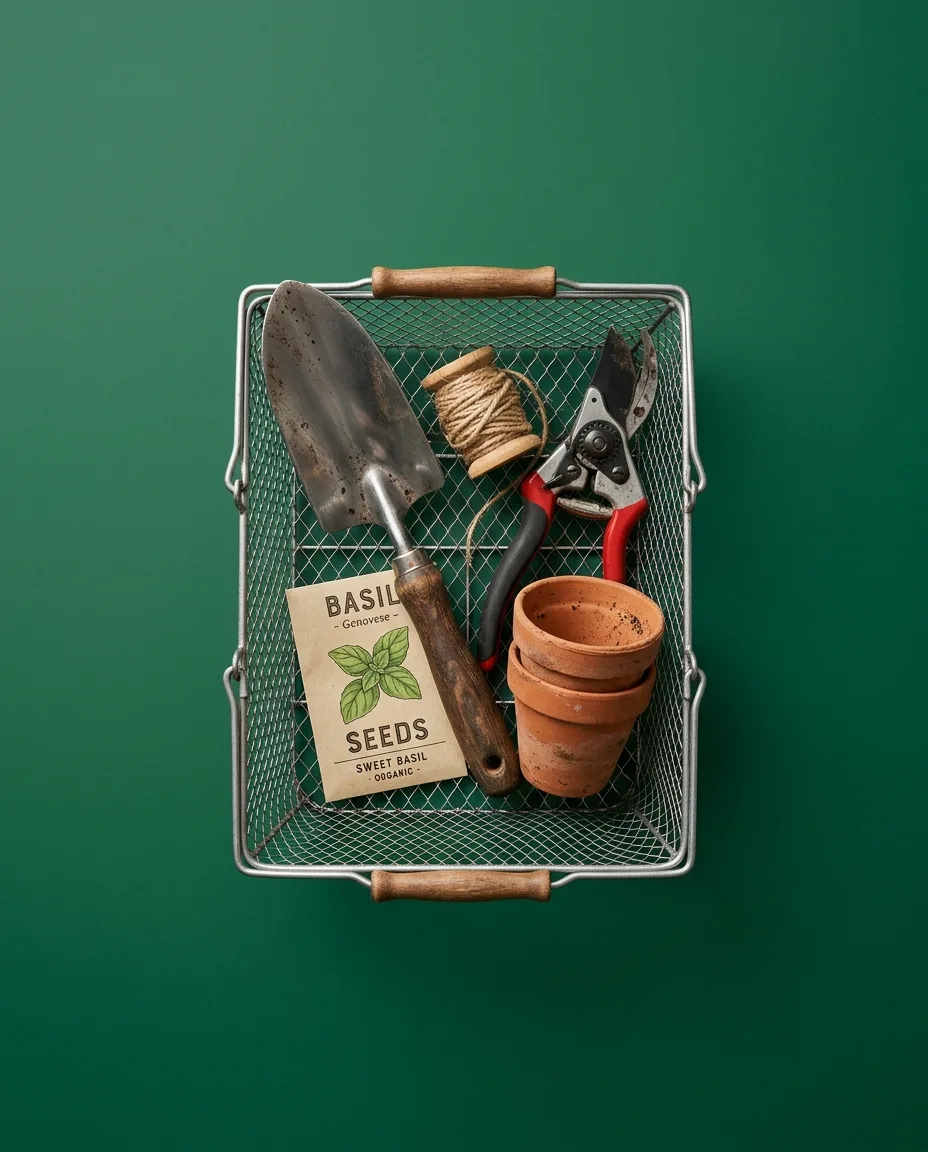 A metallic shopping basket filled with wholesale garden tools, pots, and shears for commercial procurement on a solid dark green background.