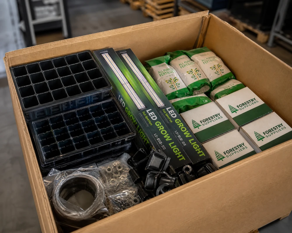 A variety of bulk horticultural supplies like seedling trays and hydroponic kits consolidated in a commercial shipping box.