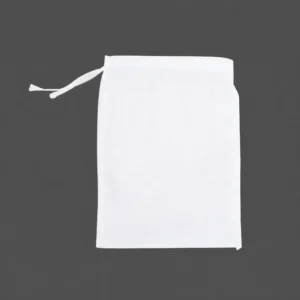White studio shot of a 100-mesh nylon fruit protection bag isolated on a dark background, showing its single-side drawstring closure.