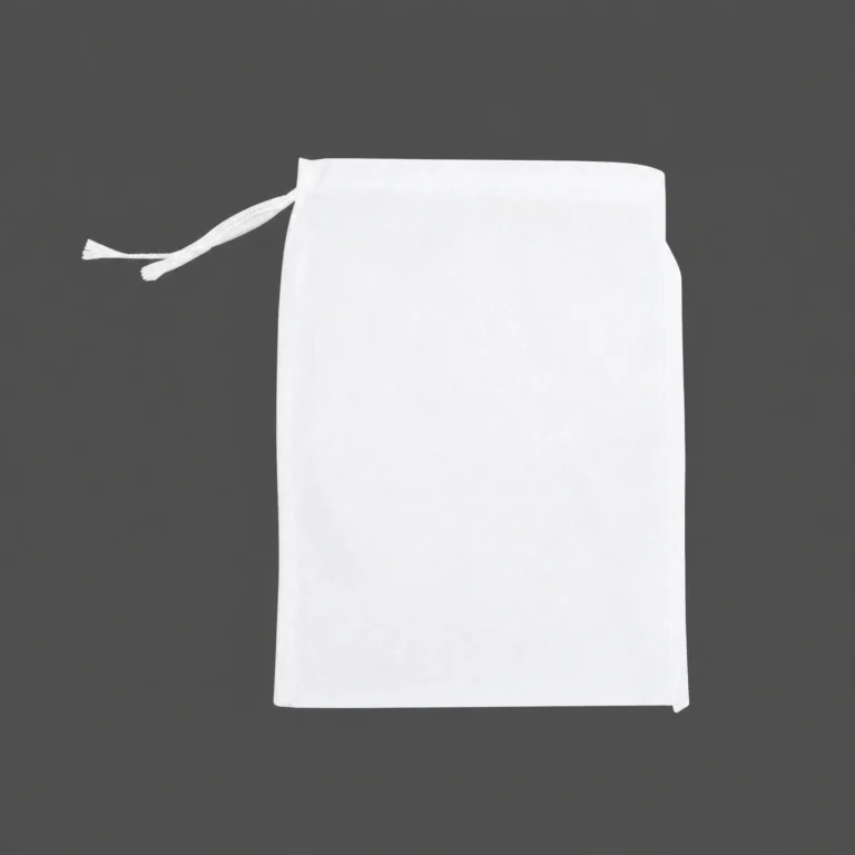 White studio shot of a 100-mesh nylon fruit protection bag isolated on a dark background, showing its single-side drawstring closure.
