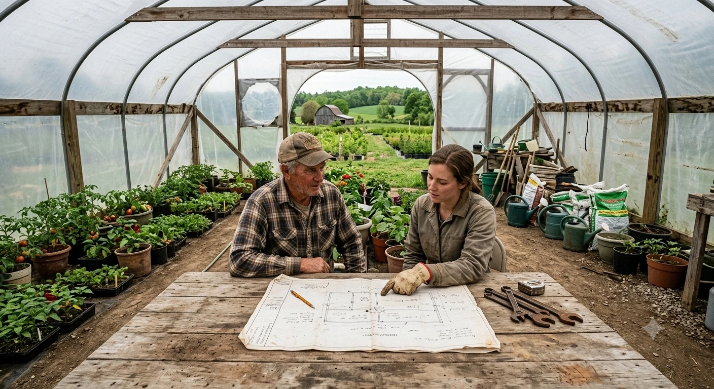 Agricultural engineers and specialists collaborating on a turnkey commercial greenhouse irrigation project