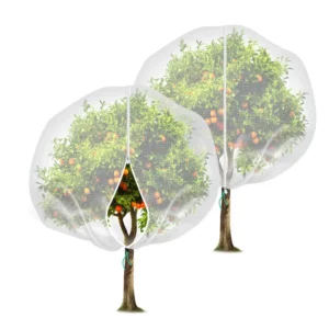 Commercial 60 mesh fruit tree protective netting cover with heavy-duty zipper protecting a lemon tree from insects and frost.