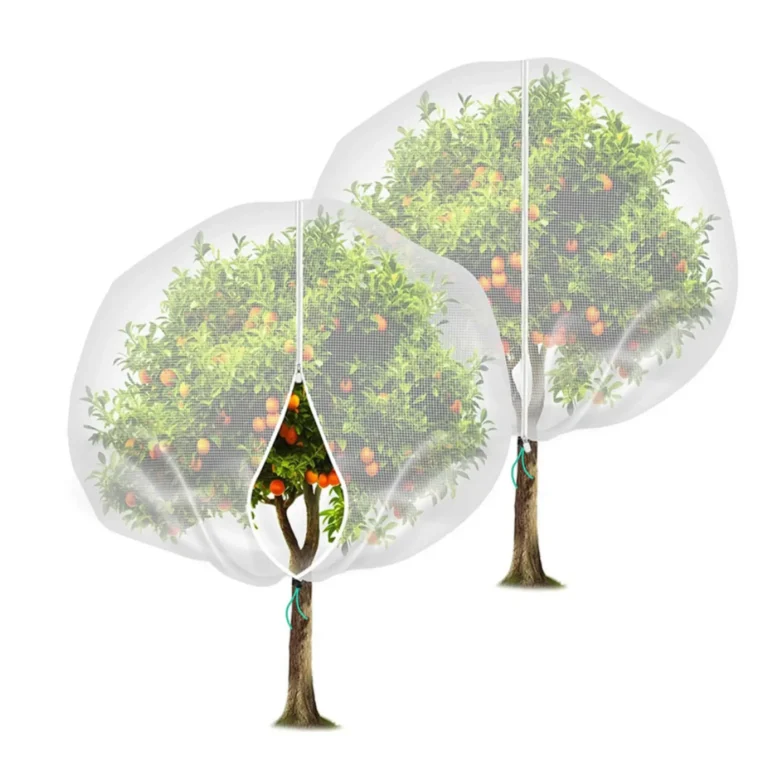Commercial 60 mesh fruit tree protective netting cover with heavy-duty zipper protecting a lemon tree from insects and frost.